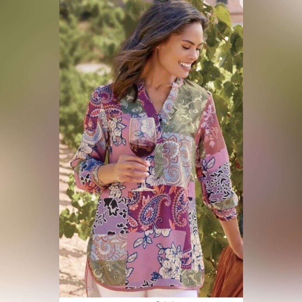 Soft Surroundings Pink And Green Alvadore Fleur Tunic Blouse Size 2X